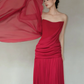 Burgundy One Shoulder Draped Chiffon Pleated Evening Gown with Cape  NV7188