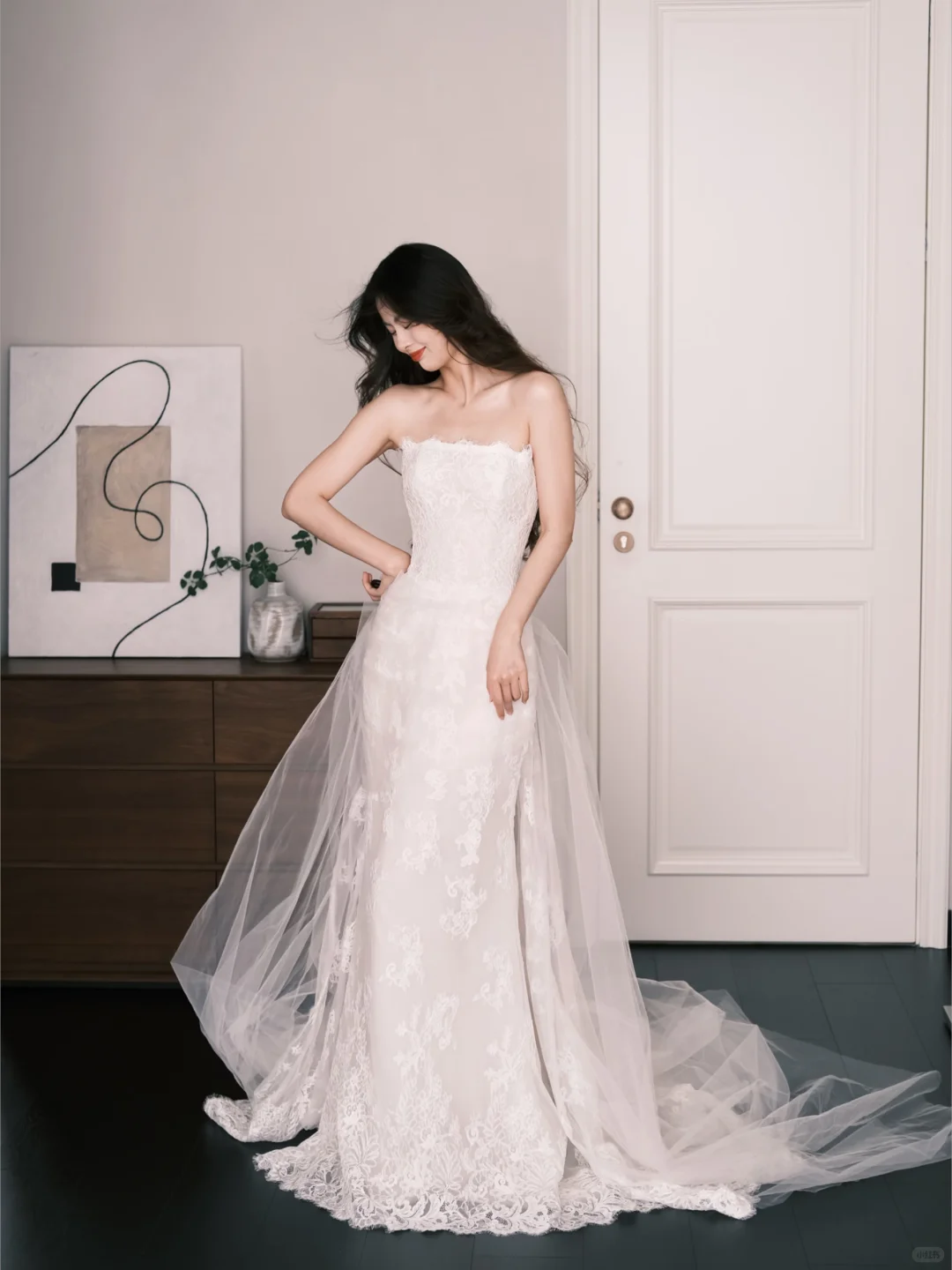 Strapless Lace Mermaid Wedding Dress Sheer Overskirt Bridal Gown  NV7219