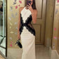 White Black Lace Long Satin prom dress Evening Dress Party Dress Wedding Guest Dress nv4798