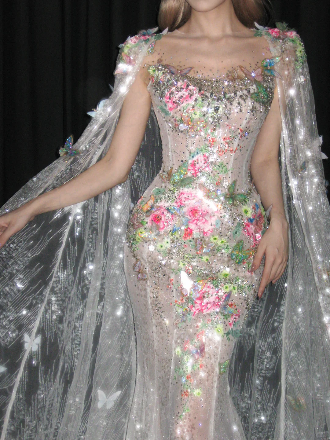 Strapless 3D Floral Mermaid Prom Dress, Beaded Tulle Cape Evening Gown  NV7106