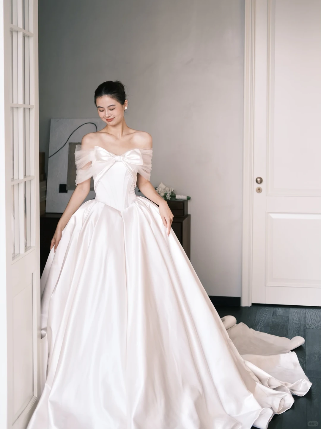 Off Shoulder Ivory Satin Wedding Gown, Tulle Sleeve Bow Corset Ballgown Bridal Dress  NV7391