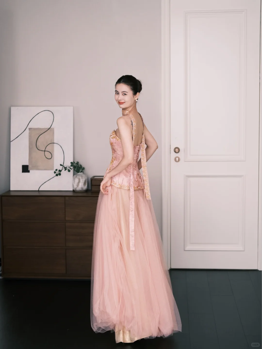 Blush Pink Two Piece Tulle Prom Dress Gold Floral Beaded Evening Gown  NV7212