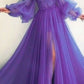 Purple elegant flowing puff sleeve tulle long formal prom dress evening gown party dress nv104