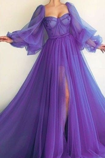 Purple elegant flowing puff sleeve tulle long formal prom dress evening gown party dress nv104