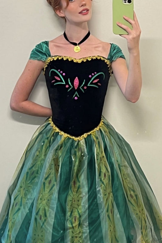 NiceVestidos--Short sleeved Black and Green Color block Tulle Princess style A line Floor length Evening Dress NV5779