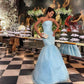 Blue strapless elegant tulle long satin ball gown evening dress nv2963