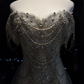 Light Grey Blue Off Shoulder Long Mermaid Formal Gown Heavy Beaded Rhinestone Tulle Train Evening Dress  NV6961