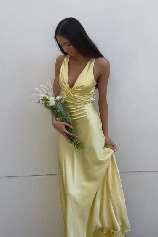 Yellow V-neck backless fashion elegant long satin ball gown evening dress wedding guest party dress nv2013