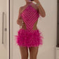 Pink Shiny Fashion Strapless Short Feather Ball Gown Evening Dress Party Dress nv3503