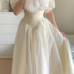 Beige Vintage Lace Puff Sleeve Ruffles V Neck Soft Long Princess Dress Ball Gown Evening Dress nv2834