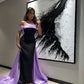 Black contrast purple ribbon long satin floor-length ball gown evening dress nv2739