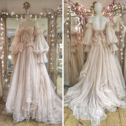 NiceVestidos--Enchanting Dreamy Tulle Gown with Puff Sleeves & 3D Florals  NV5894