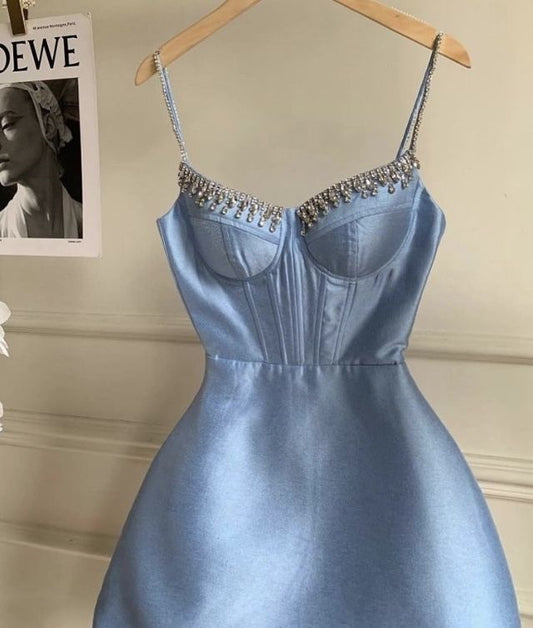 Light Blue/White Elegant Rhinestone Decorated Sweetheart Neck Spaghetti Strap Short Satin Homecoming Dress Party Gown nv3061