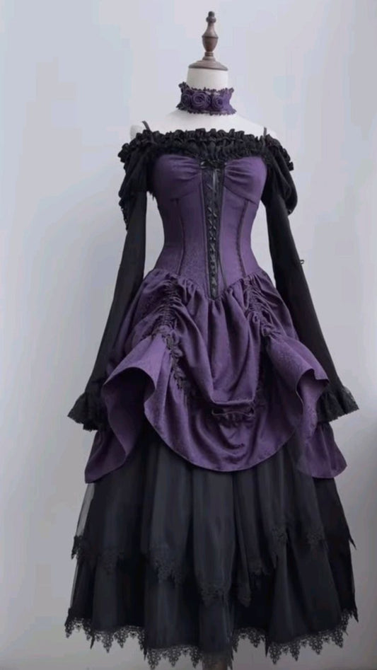 Lila-schwarzes Gothic-Lolita-Kleid mit kontrastierenden Prinzessinnenärmeln und Stäbchen in der Taille, NV6225
