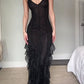 Black gorgeous suspenders glitter ruffles mermaid long evening dress prom dress party dress nv2361