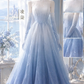 Ombre Blue High Neck Sparkly Tulle Prom Dress, Midi A-Line Gown with Long Sheer Gloves  NV7442