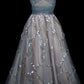 NiceVestidos--One sleeved Light Grey Tulle Sequin Decorated A line Floor length Evening Dress NV5781