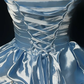 Light Blue Strapless Short Homecoming Dress Ruched Satin Puffy Ruffle Skirt Rhinestone Formal Cocktail Gown  NV6907