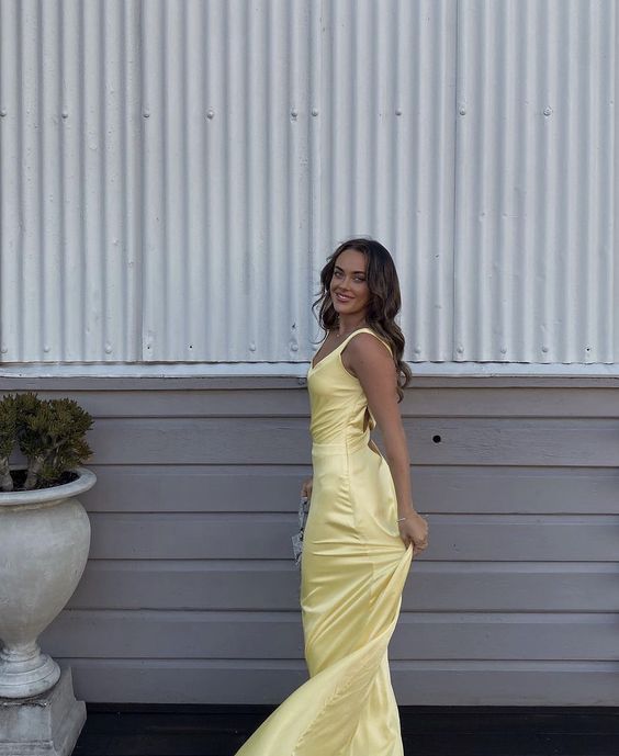 Yellow simple elegant open back long satin evening gown ball gown nv2644