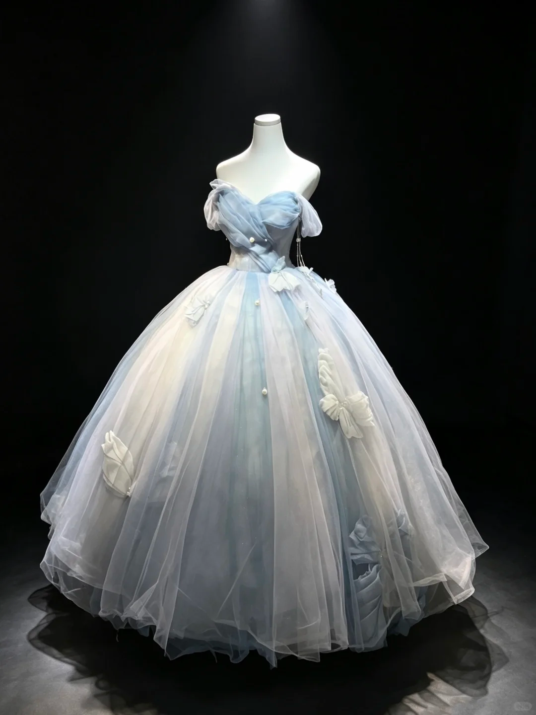 Blue White Ombre Off Shoulder Ball Gown 3D Bow Pearl Tulle Formal Evening Dress  NV6973