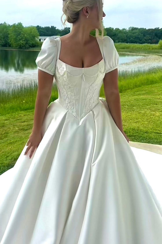 NiceVestidos--Short Sleeve Satin Long Square Neck Wedding Dress Corset NV5883