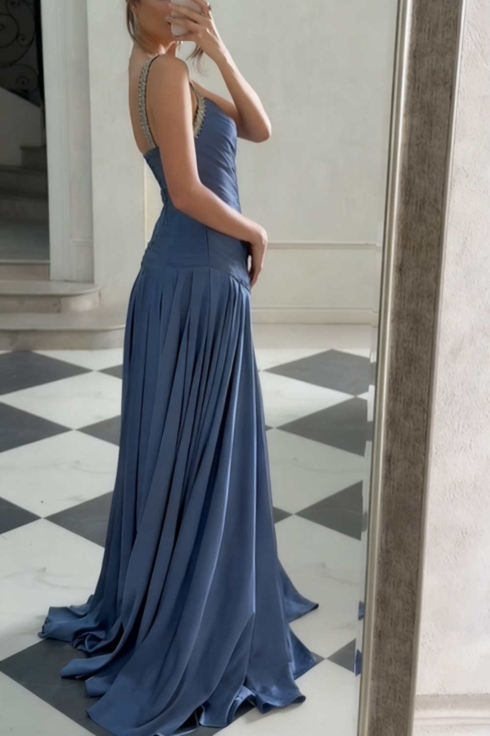 NiceVestidos - Abendkleid Blaues Satin-Abendkleid, bodenlang, NV5951
