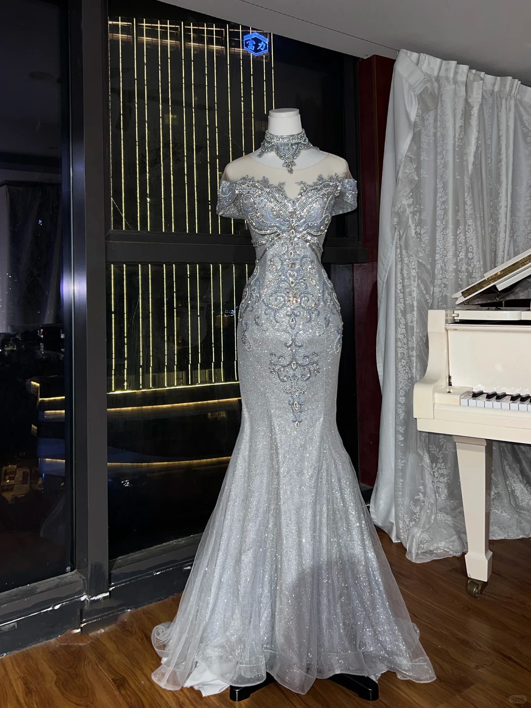 High Neck Silver Glitter Mermaid Prom Dress, Rhinestone Beaded Off Shoulder Evening Gown  NV7101