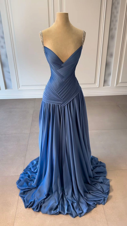 NiceVestidos - Abendkleid Blaues Satin-Abendkleid, bodenlang, NV5951
