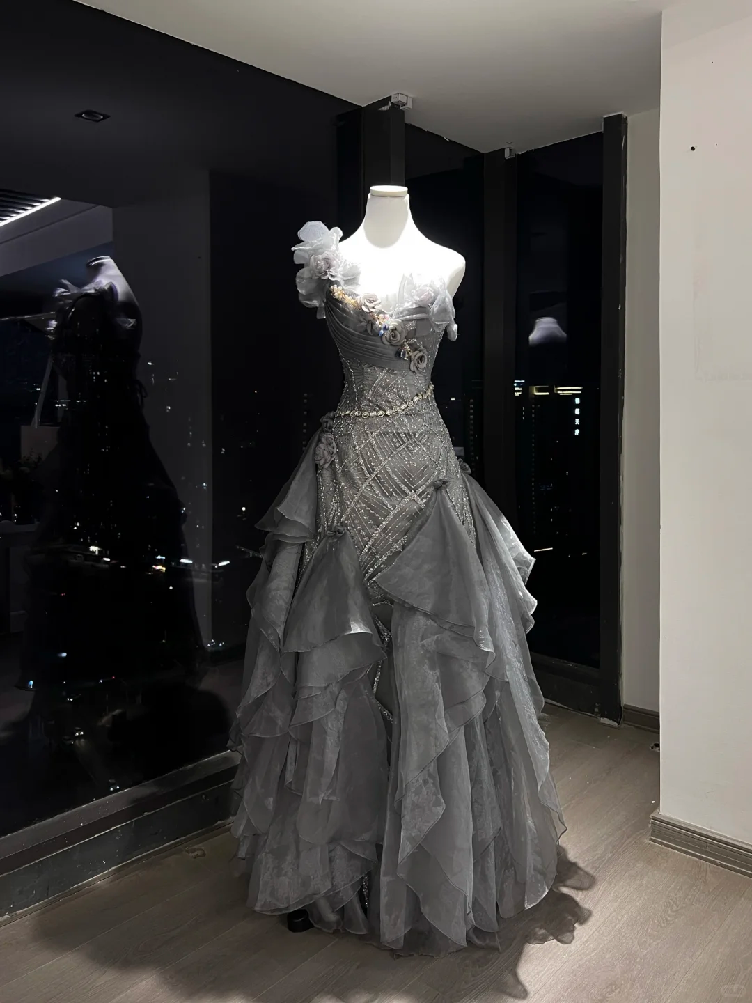 Smoky Gray One Shoulder 3D Flower Ruffled Tulle Mermaid Prom Gown  NV7096