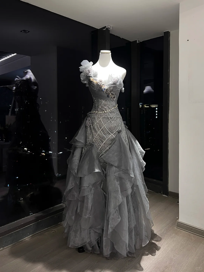Smoky Gray One Shoulder 3D Flower Ruffled Tulle Mermaid Prom Gown  NV7096