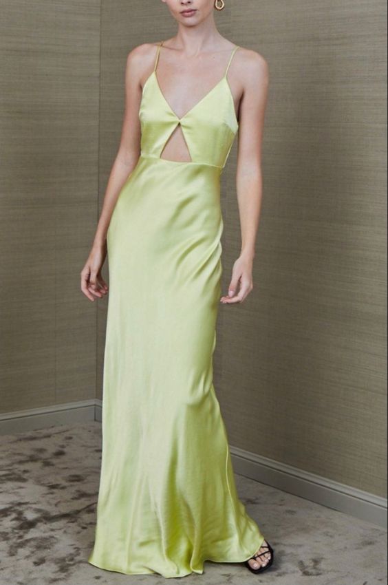 Yellow Green Spaghetti Strap Hollow Satin Ball Gown Evening Dress Party Dress nv1849