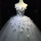 Strapless Light Ice Blue Prom Dress 3D Flower Rhinestone Beaded Tulle Fairy Ball Gown  NV7058