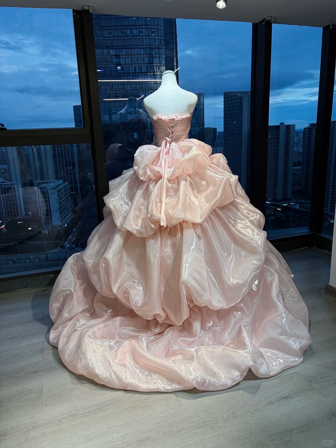Strapless Blush Pink Ball Gown Pleated Bodice Tiered Bubble Shiny Organza Prom Dress  NV7034