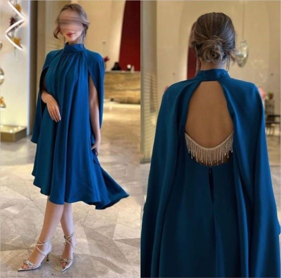 Blue fashion elegant large backless strap chain long sleeve short mini evening dress prom dress party dress homecoming dress nv2547