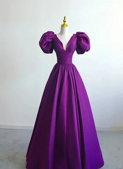 Purple Satin A-line Short Sleeve Long Evening Gown Ball Gown nv2940