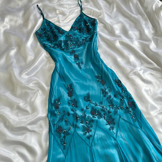 Blue fashion elegant delicate beading spaghetti straps long chiffon elegant ball gown evening dress party dress nv3681