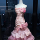 Pink Ombre Strapless Mermaid Evening Gown Ruched 3D Roses Tiered Ruffle Organza Long Prom Dress  NV7014