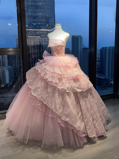 Strapless Pink Prom Dress Hand Beaded Sequin Tiered Glitter Tulle Cake Ball Gown  NV7055