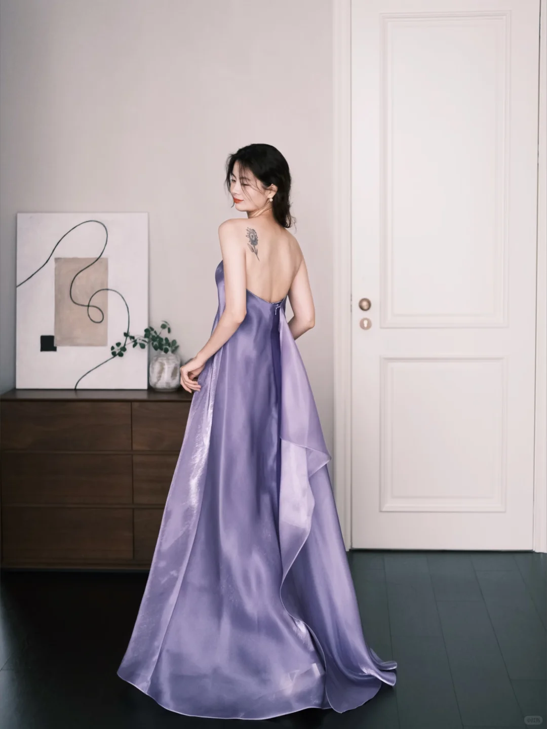 Lavender Strapless Satin Prom Dress Flowy Long Train Evening Gown  NV7213
