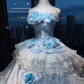 Light Blue Strapless Princess Ball Gown 3D Flower Lace Embroidery Tiered Ruffle Organza Long Evening Gown  NV7007