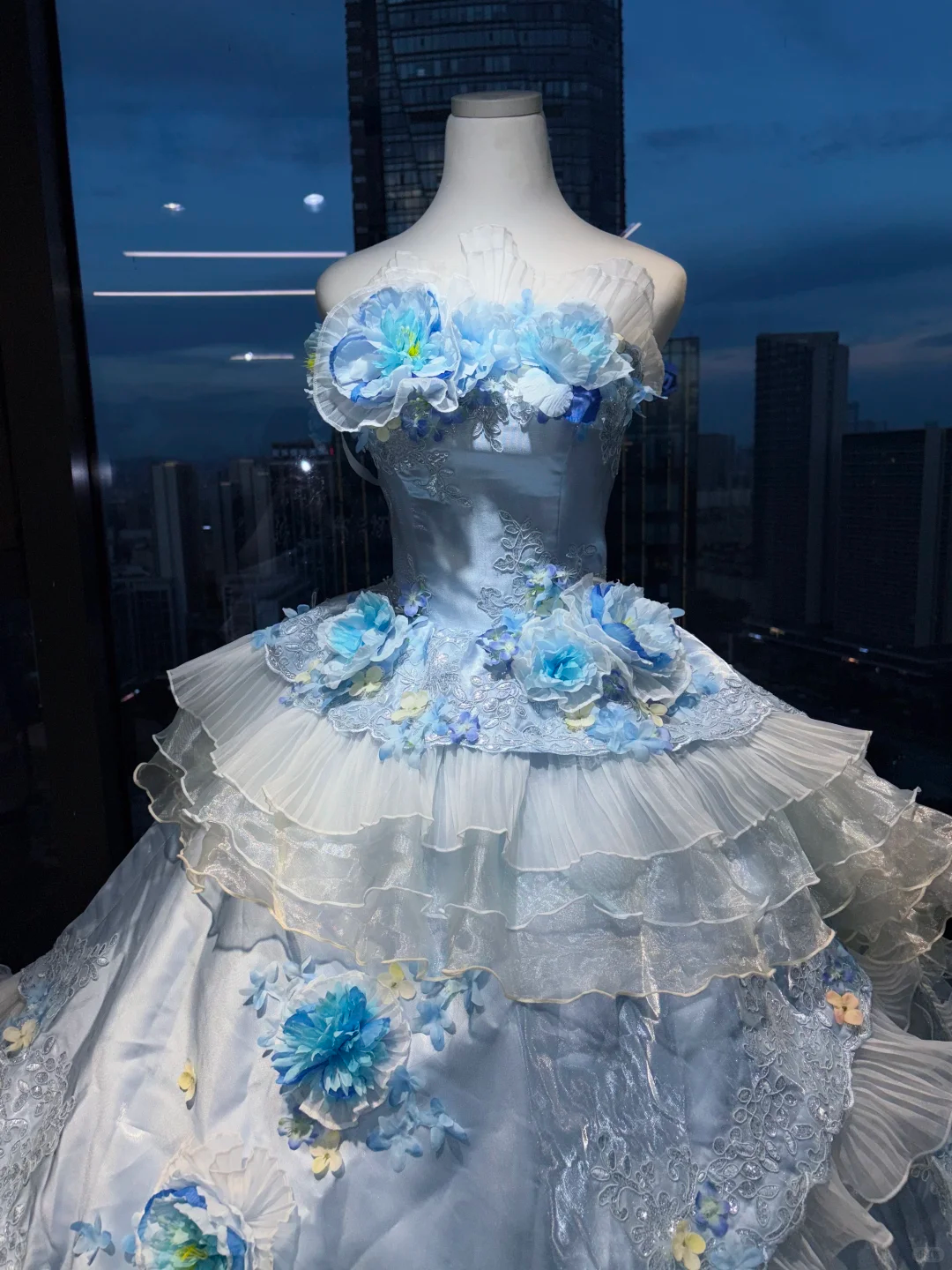 Light Blue Strapless Princess Ball Gown 3D Flower Lace Embroidery Tiered Ruffle Organza Long Evening Gown  NV7007