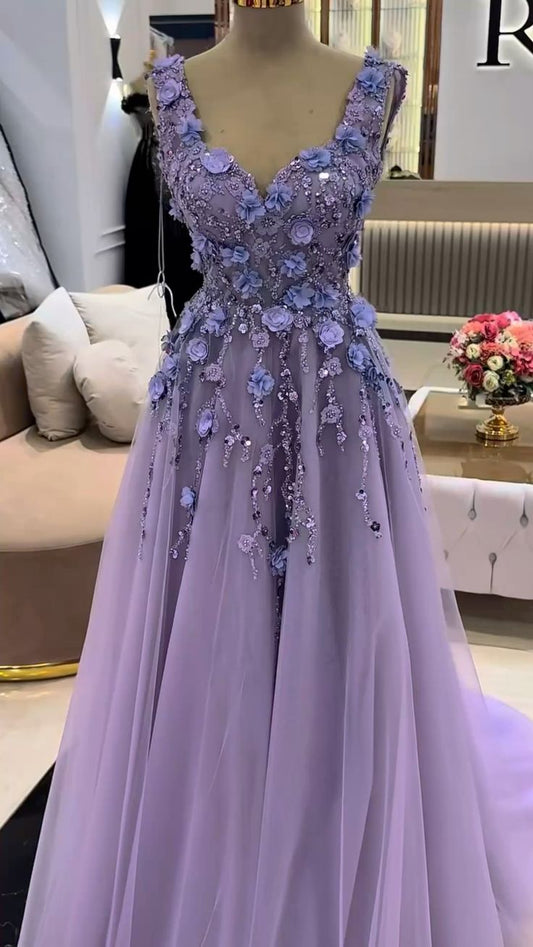 Luxuriöses, lilafarbenes Abendkleid im Feenstil mit tiefem V-Ausschnitt | Lilafarbenes, farbverlaufendes, 3D-Blumen-besetztes Tüll-Maxikleid mit Perlen für Galas, Verlobungen und exklusive gesellschaftliche Anlässe NV6288