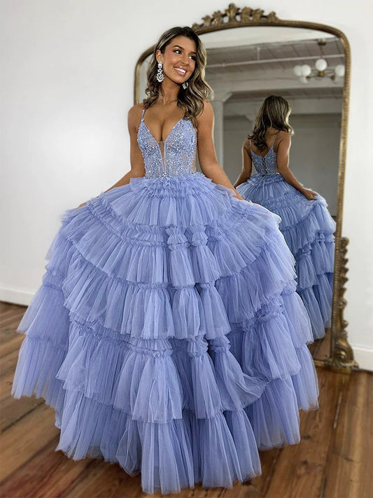 A-Line V Neck Tulle Lace Blue Long Prom Dress, Blue Long Formal Dress nv1500