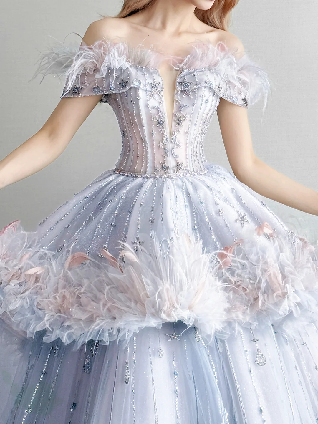 Light Ice Blue Feather Off Shoulder Prom Gown Star Moon Rhinestone Tulle Formal Dress  NV7165