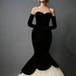 Black Luxury Mermaid Velvet Evening Gown Long Ball Gown with Gloves Evening Dress Party Dress nv2272