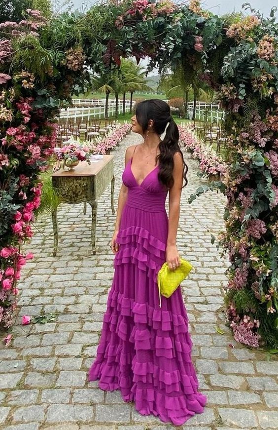 Purple Fashion V-neck Long Elegant Chiffon Ruffle Ball Gown Evening Dress Graduation Party Dress Wedding Guest Dress nv3602