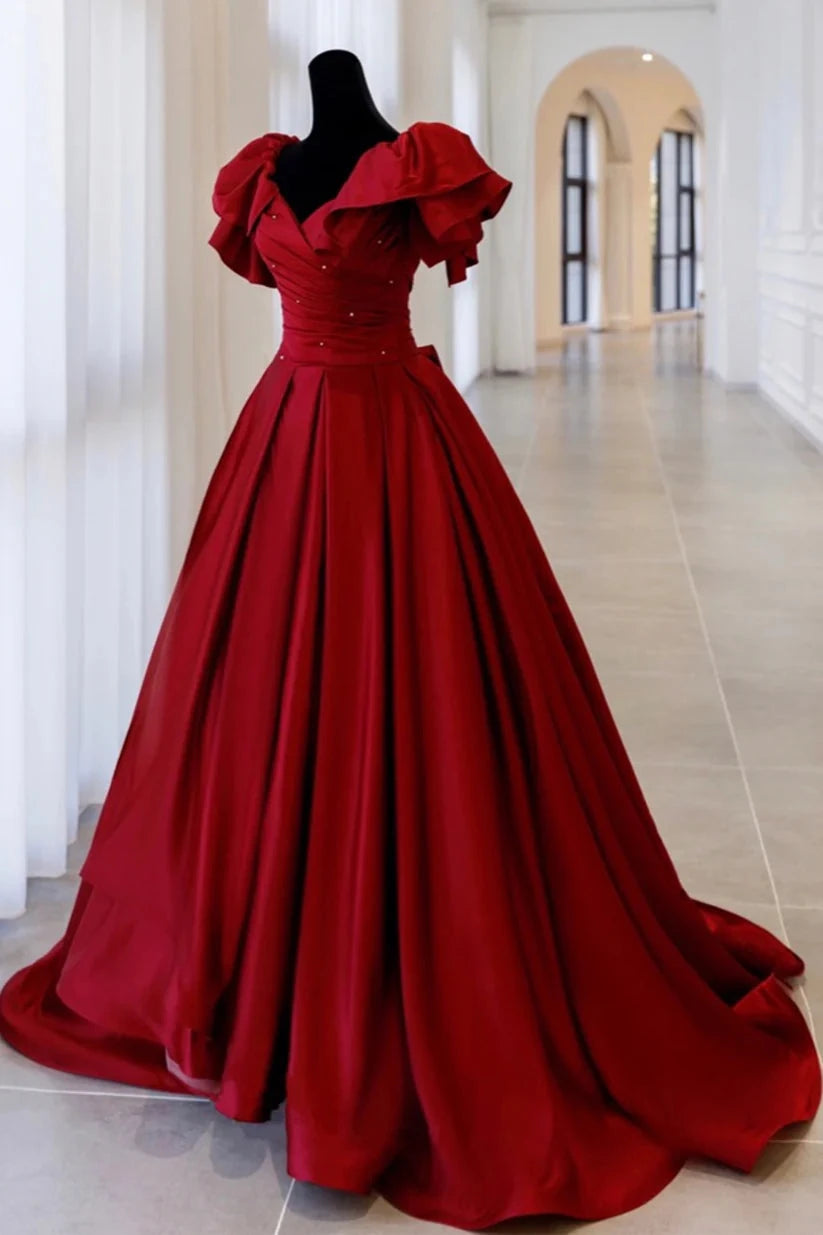 Burgundy Satin Long A-Line Ball Gown Evening Dress nv1966