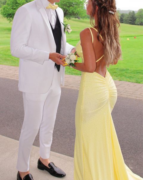 Silver Sparkling Fashion Spaghetti Strap Mermaid Slim Fit Long Ball Gown Backless Yellow Prom Dress Formal Evening Dress Party Dress nv3431