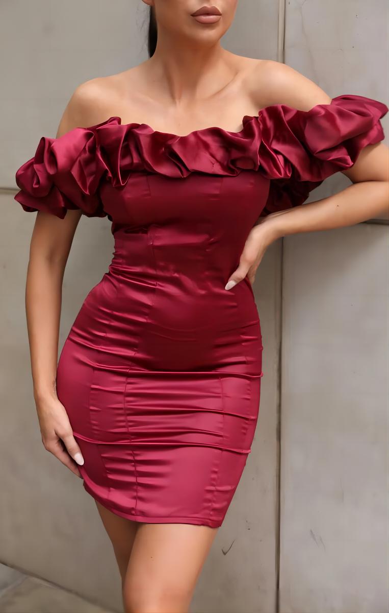 Dark Red Fashion Slim Fit Off Shoulder Short Mini Homecoming Dress Party Dress nv2429