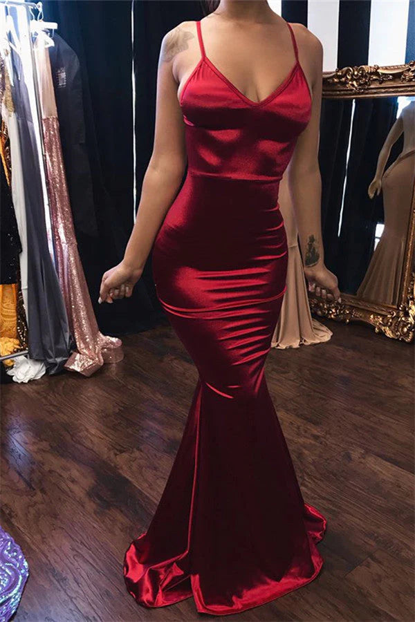 Red Mermaid Sleeveless V Neck Halter Stretch Satin Prom Dress Halter Sleeveless Long Halter Evening Dress Long Party Dress nv2036